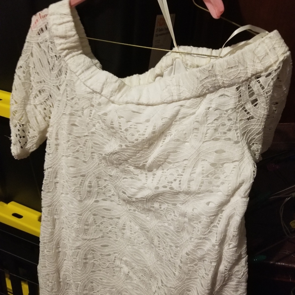 White lace dress. Off the shoulder